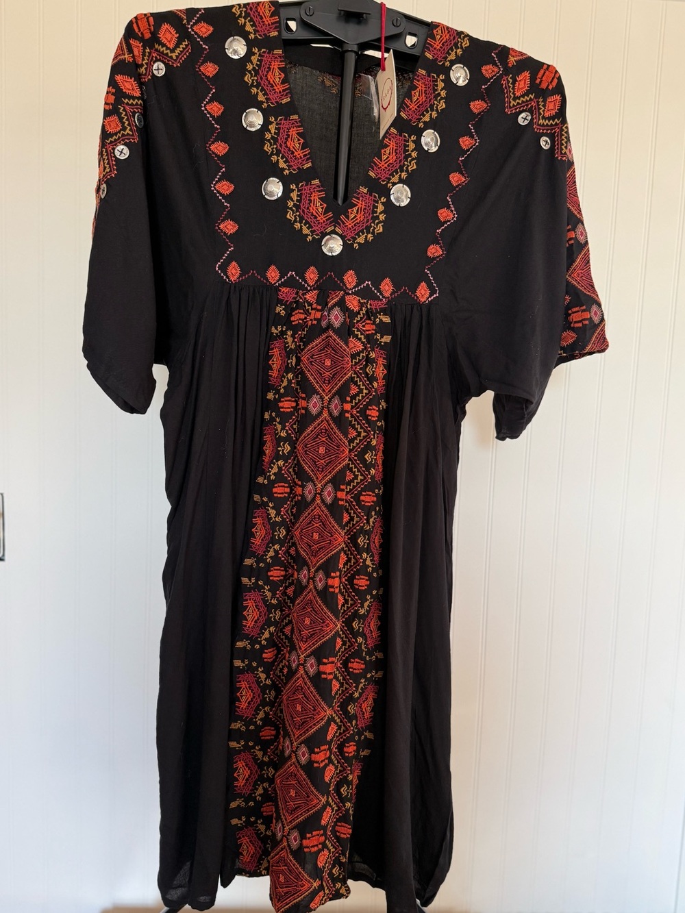 RAGA Black Midi Dress with Red Embroidery and Silver Mirrors
